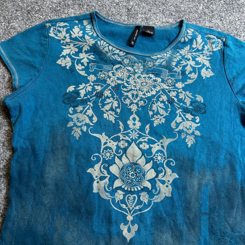 New Directions T-Shirt Womens XL Teal Graphic Rhinestone Cotton USA Made Casual